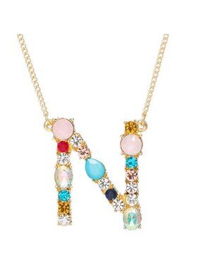 Large Initial Letter "N" Name Multi Color Rhinestone Gold Tone Necklace